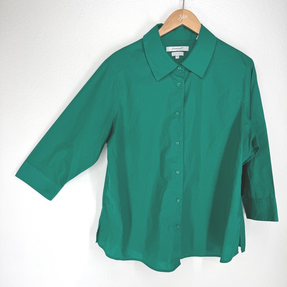 Foxcroft NYC Emerald Green Wrinkle Free Button Down Shirt 3/4 Sleeve 14W Office